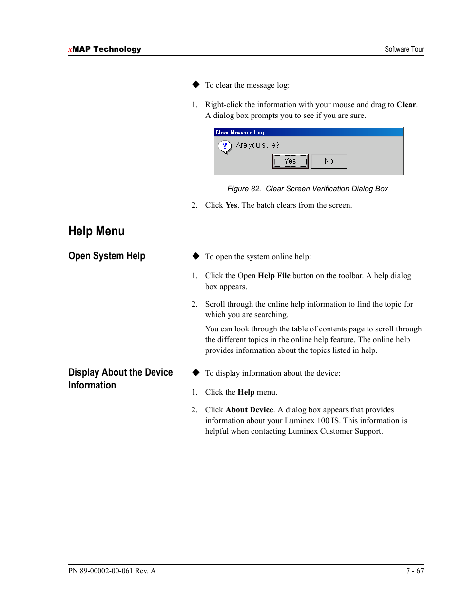 Help menu, Open system help, Display about the device information | Luminex 100 IS User Manual, Version 2.1 User Manual | Page 127 / 184