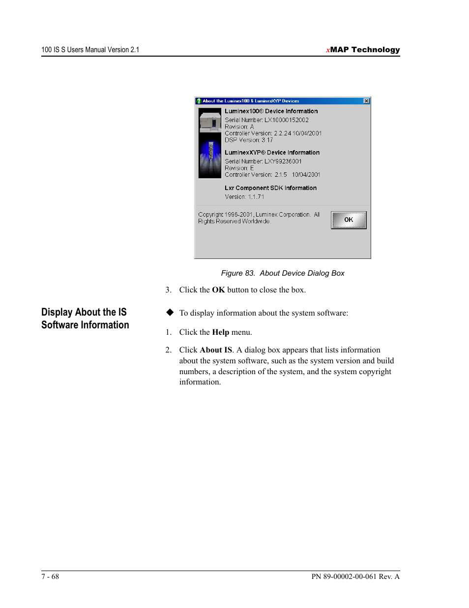 Display about the is software information | Luminex 100 IS User Manual, Version 2.1 User Manual | Page 128 / 184