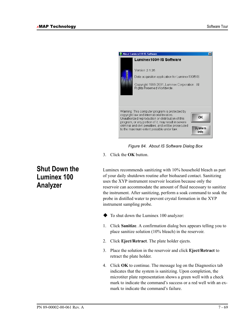 Shut down the luminex 100 analyzer | Luminex 100 IS User Manual, Version 2.1 User Manual | Page 129 / 184