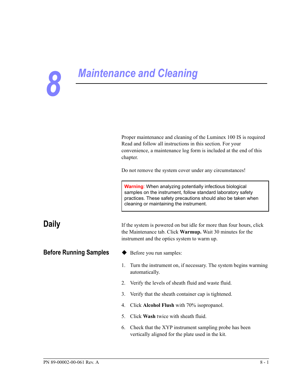 Maintenance and cleaning, Daily | Luminex 100 IS User Manual, Version 2.1 User Manual | Page 133 / 184