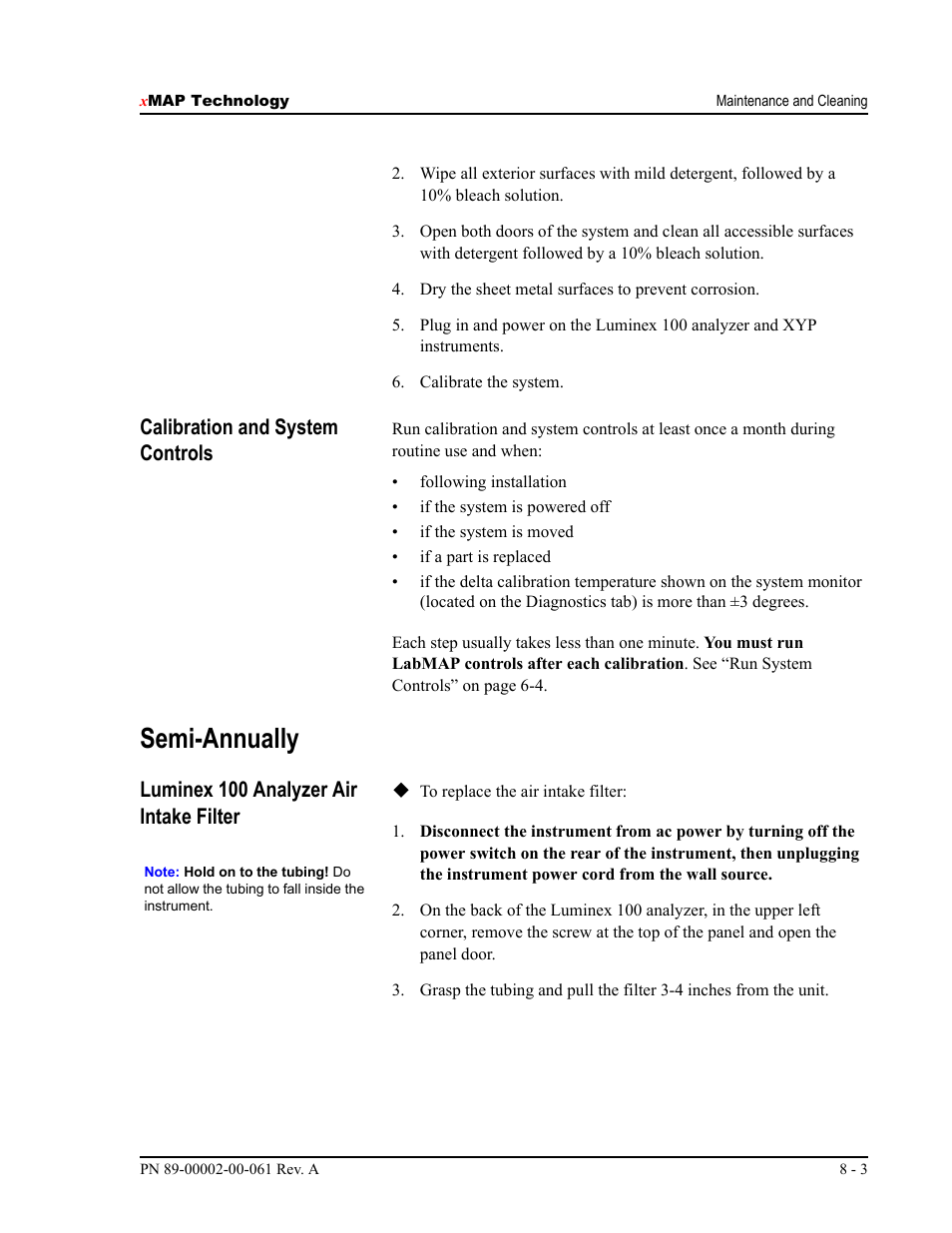 Semi-annually, Calibration and system controls, Luminex 100 analyzer air intake filter | Luminex 100 IS User Manual, Version 2.1 User Manual | Page 135 / 184