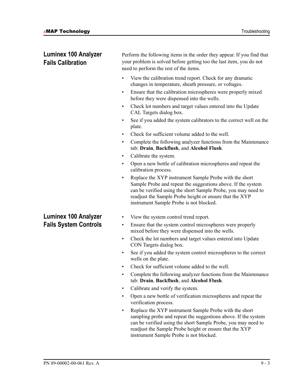 Luminex 100 analyzer fails calibration, Luminex 100 analyzer fails system controls | Luminex 100 IS User Manual, Version 2.1 User Manual | Page 149 / 184