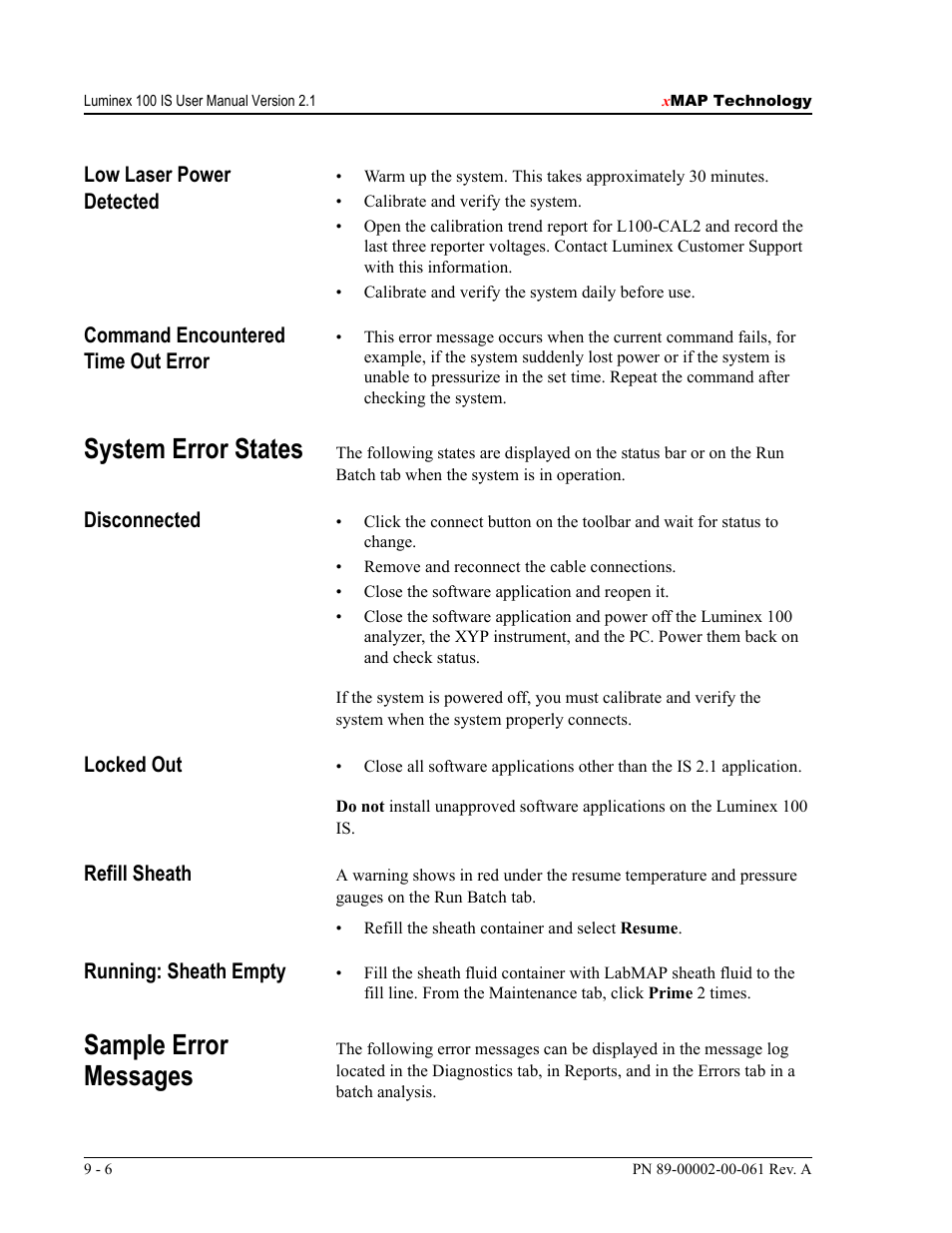 System error states, Sample error messages | Luminex 100 IS User Manual, Version 2.1 User Manual | Page 152 / 184