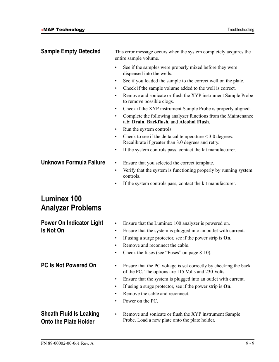 Luminex 100 analyzer problems, Sample empty detected, Unknown formula failure | Power on indicator light is not on, Pc is not powered on, Sheath fluid is leaking onto the plate holder | Luminex 100 IS User Manual, Version 2.1 User Manual | Page 155 / 184