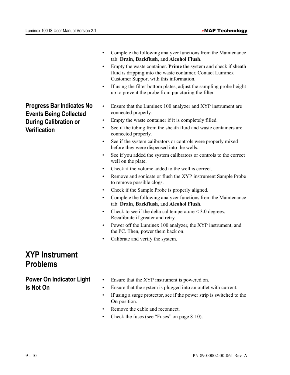 Xyp instrument problems, Power on indicator light is not on | Luminex 100 IS User Manual, Version 2.1 User Manual | Page 156 / 184
