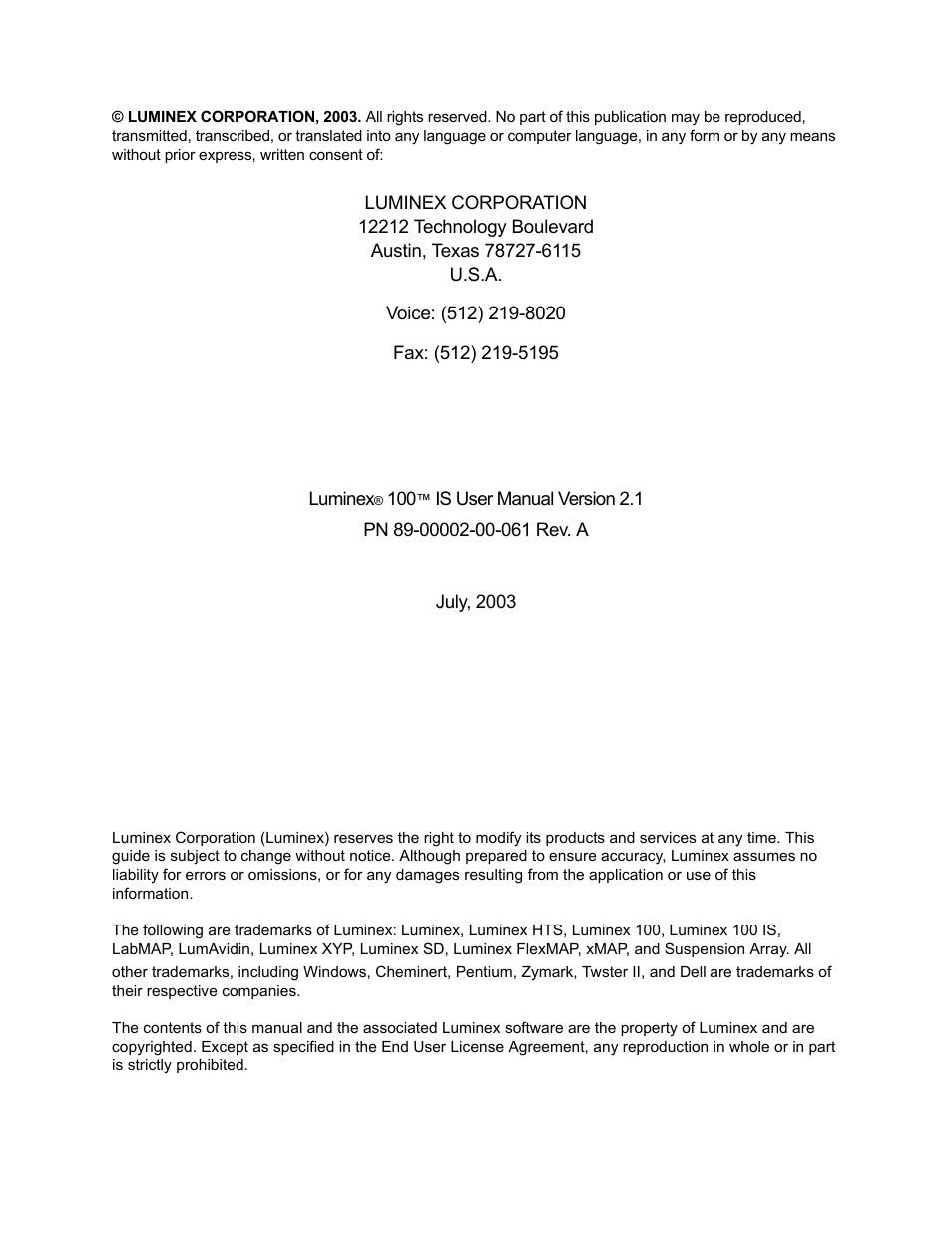 Luminex 100 IS User Manual, Version 2.1 User Manual | Page 2 / 184