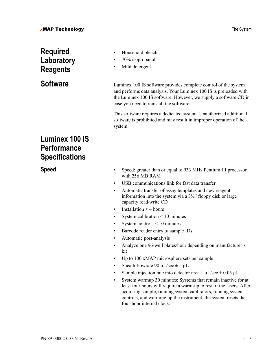 Required laboratory reagents, Software, Luminex 100 is performance specifications | Luminex 100 IS User Manual, Version 2.1 User Manual | Page 41 / 184