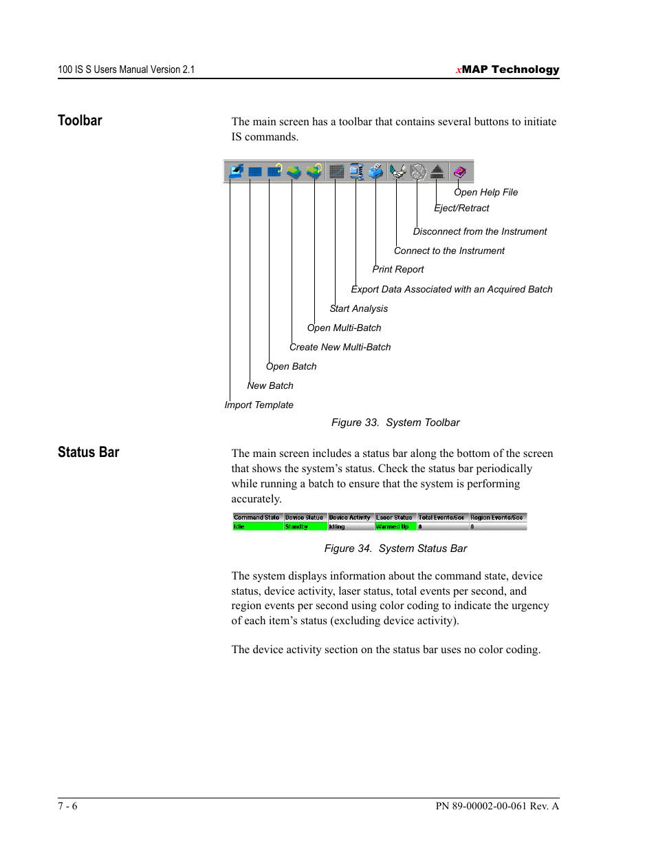 Toolbar, Status bar | Luminex 100 IS User Manual, Version 2.1 User Manual | Page 66 / 184