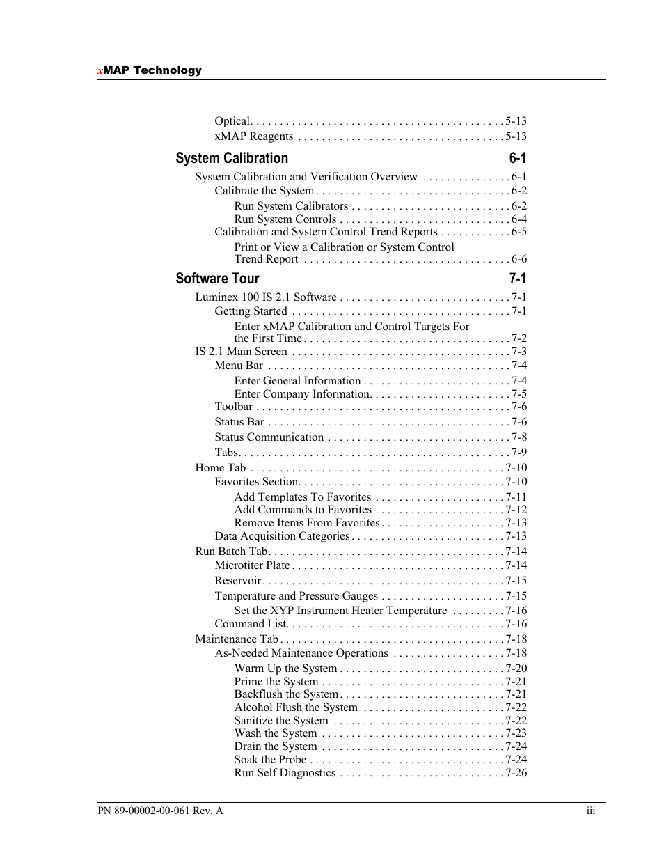 System calibration 6-1, Software tour 7-1 | Luminex 100 IS User Manual, Version 2.1 User Manual | Page 7 / 184