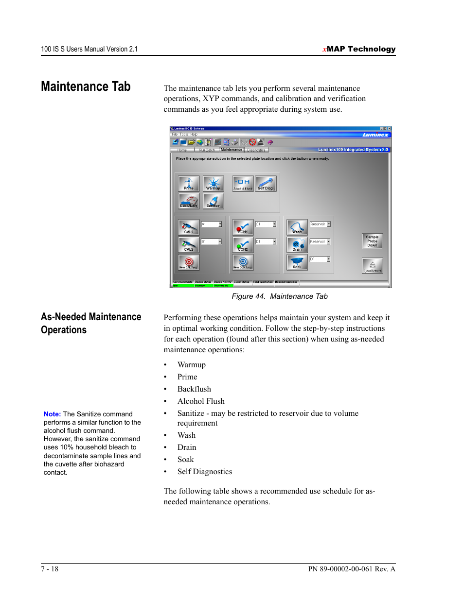 Maintenance tab, As-needed maintenance operations | Luminex 100 IS User Manual, Version 2.1 User Manual | Page 78 / 184