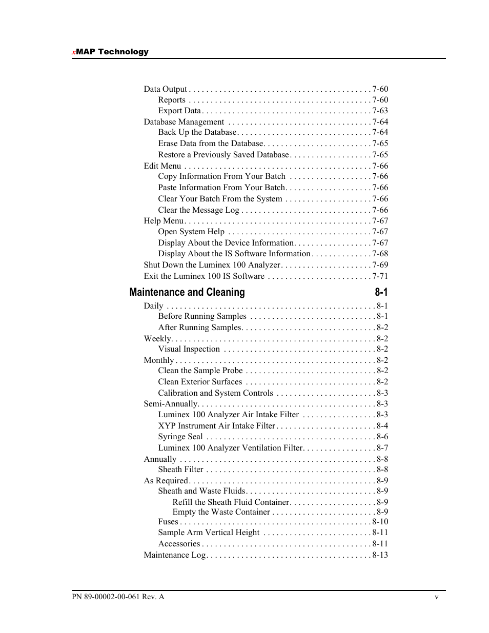 Maintenance and cleaning 8-1 | Luminex 100 IS User Manual, Version 2.1 User Manual | Page 9 / 184