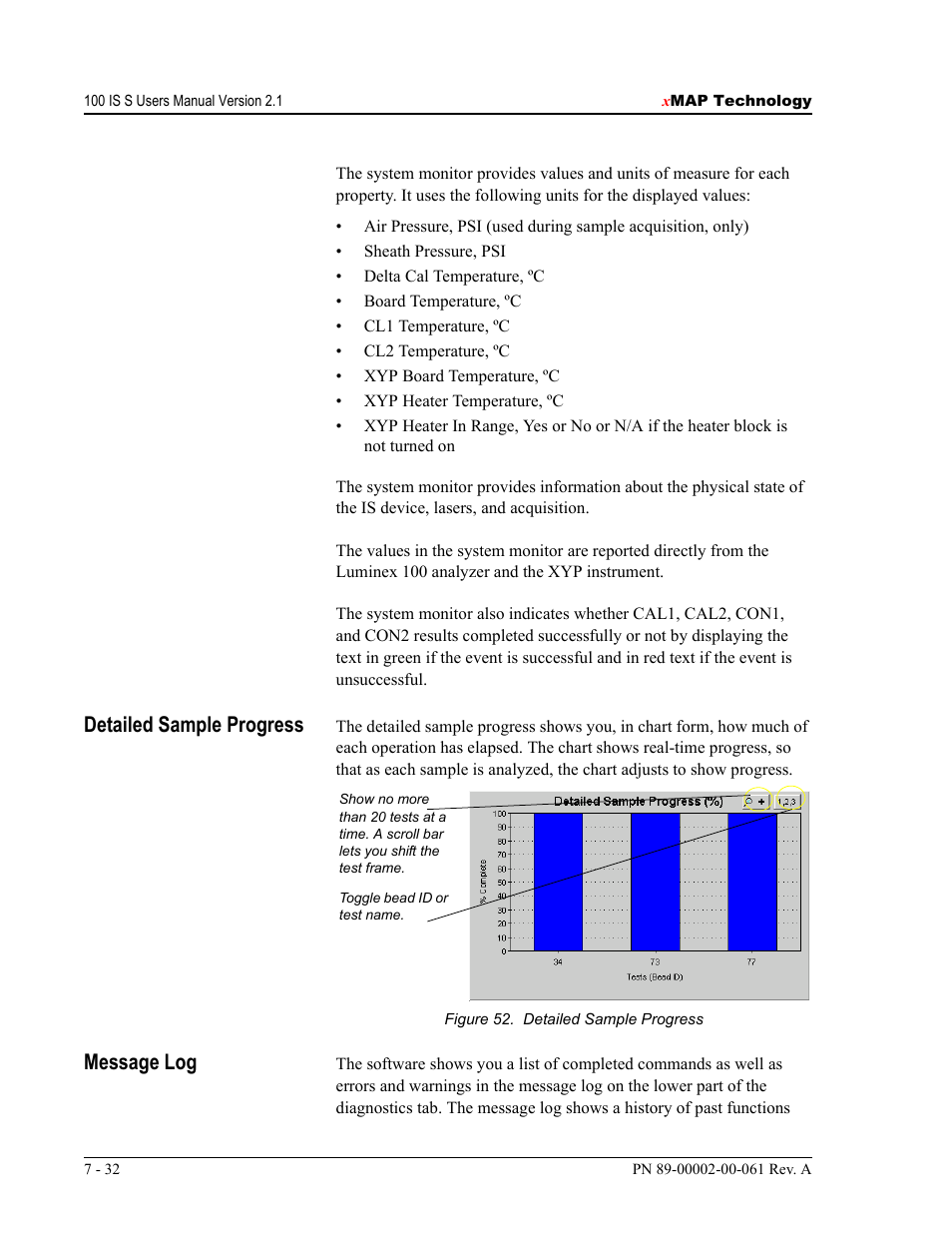 Detailed sample progress, Message log | Luminex 100 IS User Manual, Version 2.1 User Manual | Page 92 / 184