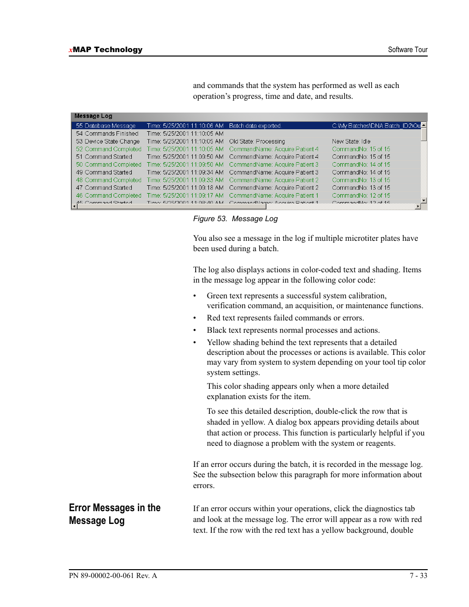 Error messages in the message log | Luminex 100 IS User Manual, Version 2.1 User Manual | Page 93 / 184