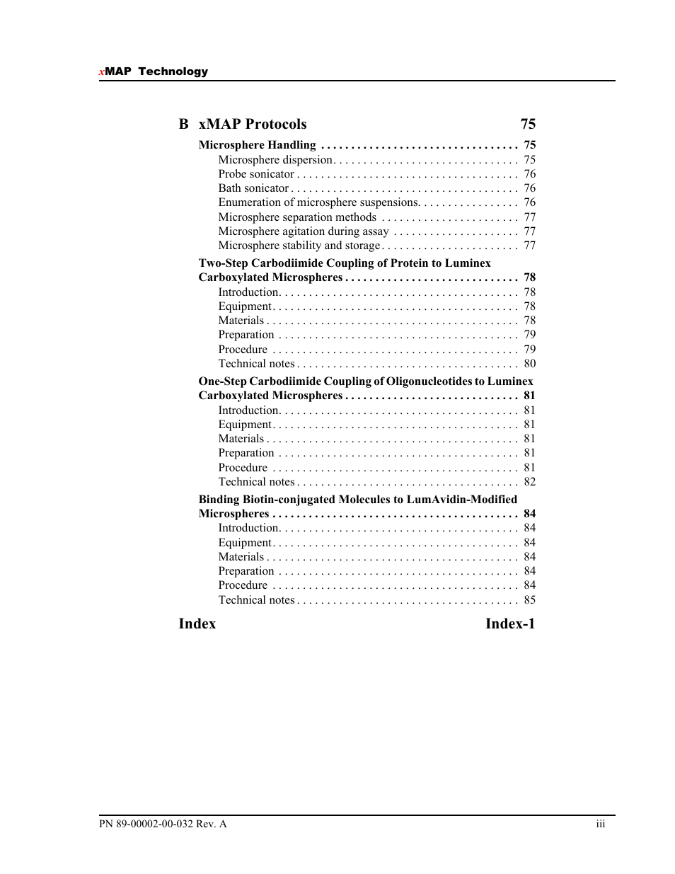 B xmap protocols 75, Index index-1 | Luminex 100 IS Version 2.2 User Manual | Page 5 / 96