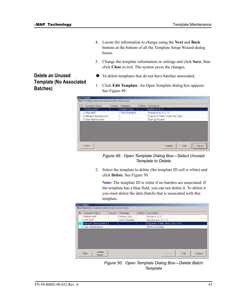 Delete an unused template (no associated batches) | Luminex 100 IS Version 2.2 User Manual | Page 69 / 96