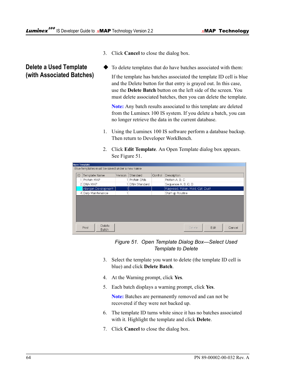 Delete a used template (with associated batches) | Luminex 100 IS Version 2.2 User Manual | Page 70 / 96