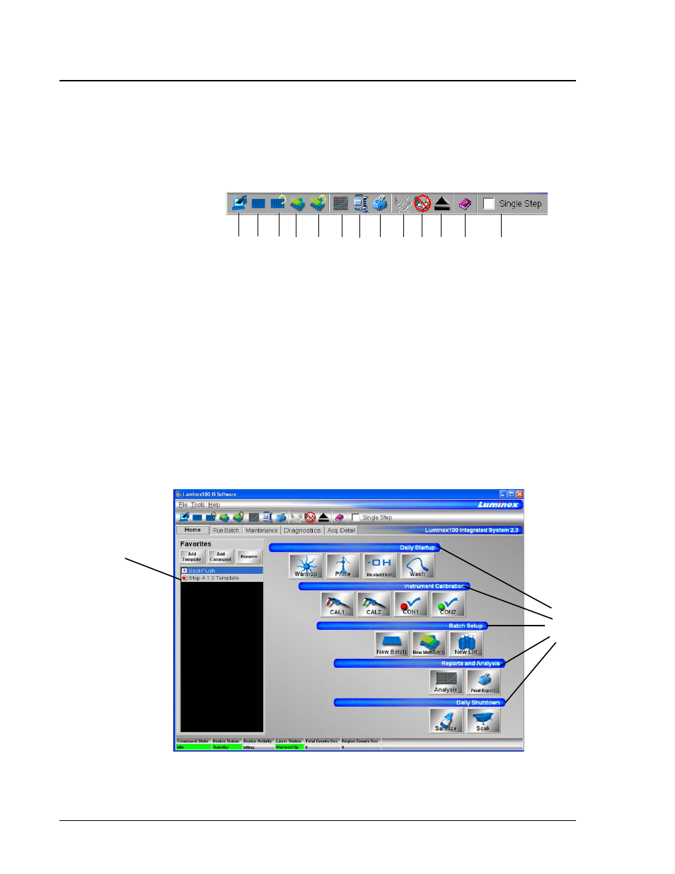 Toolbar, Tabs, Toolbar -4 tabs -4 | Home tab -4 | Luminex 100 IS Version 2.3 User Manual | Page 46 / 230