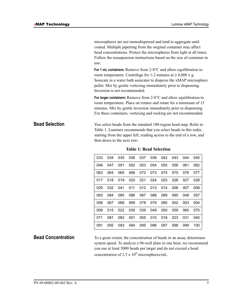 Bead selection, Bead concentration | Luminex 100 IS Version 2.1 User Manual | Page 11 / 84
