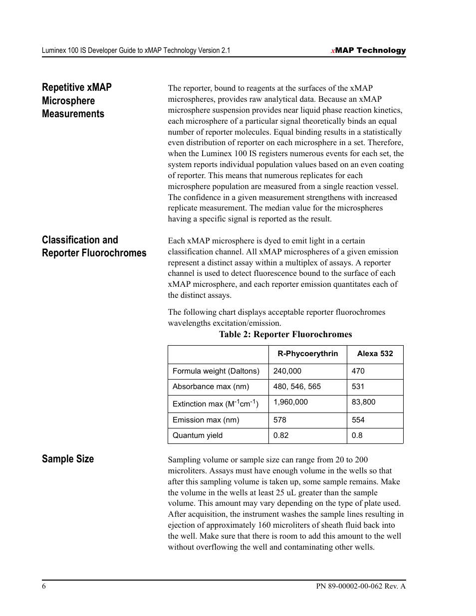 Repetitive xmap microsphere measurements, Classification and reporter fluorochromes, Sample size | Luminex 100 IS Version 2.1 User Manual | Page 12 / 84