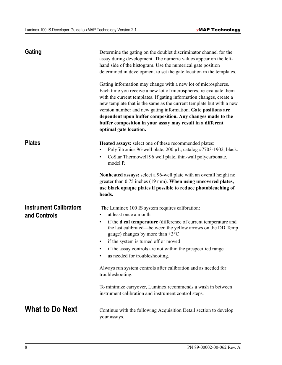 What to do next, Gating, Plates | Instrument calibrators and controls | Luminex 100 IS Version 2.1 User Manual | Page 14 / 84