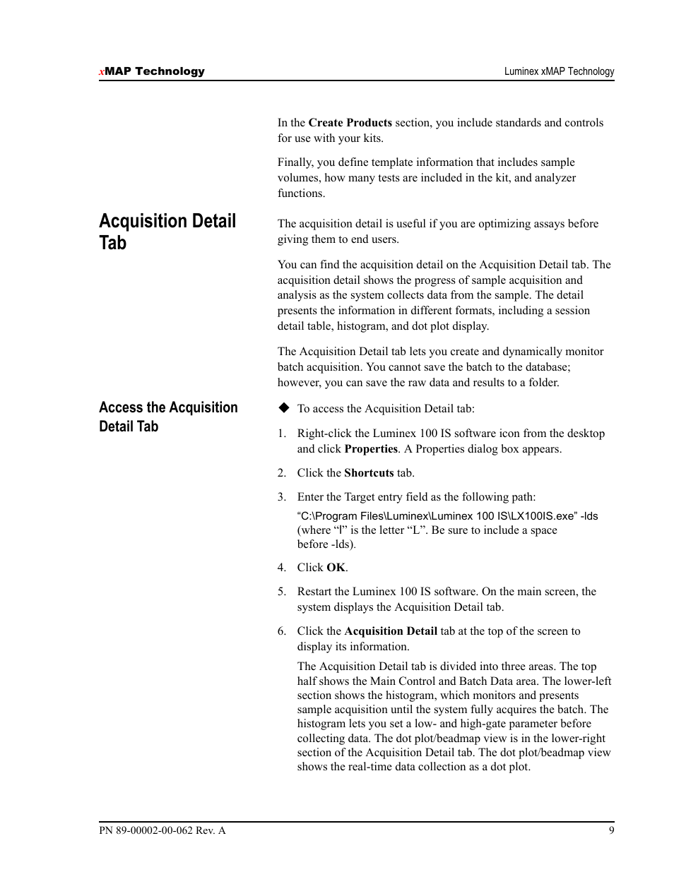 Acquisition detail tab, Access the acquisition detail tab | Luminex 100 IS Version 2.1 User Manual | Page 15 / 84
