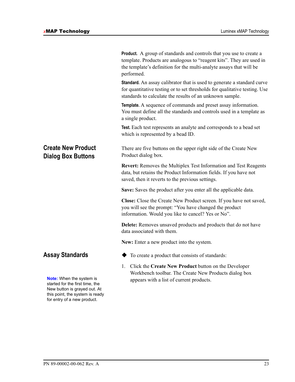 Create new product dialog box buttons, Assay standards | Luminex 100 IS Version 2.1 User Manual | Page 29 / 84