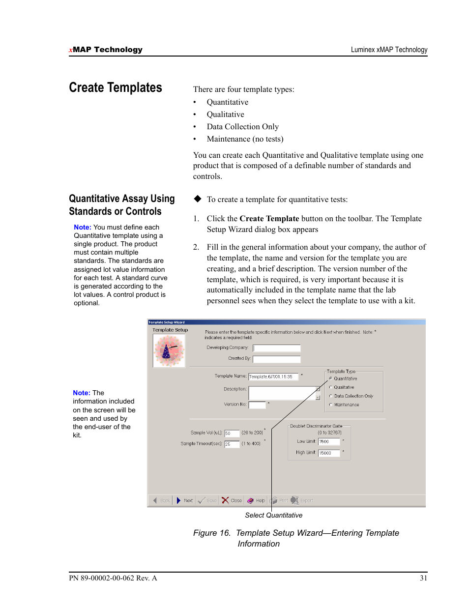 Create templates, Quantitative assay using standards or controls | Luminex 100 IS Version 2.1 User Manual | Page 37 / 84