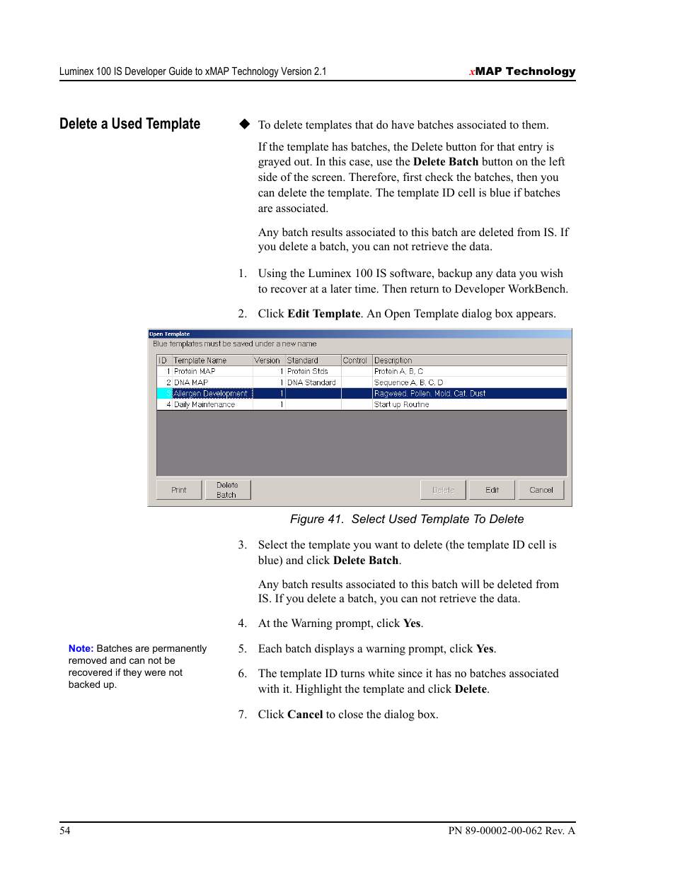 Delete a used template | Luminex 100 IS Version 2.1 User Manual | Page 60 / 84