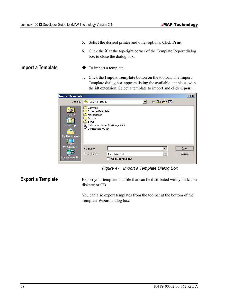 Import a template, Export a template | Luminex 100 IS Version 2.1 User Manual | Page 64 / 84