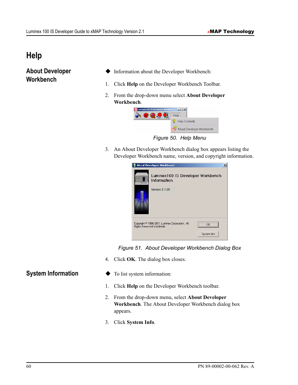 Help, About developer workbench, System information | Luminex 100 IS Version 2.1 User Manual | Page 66 / 84