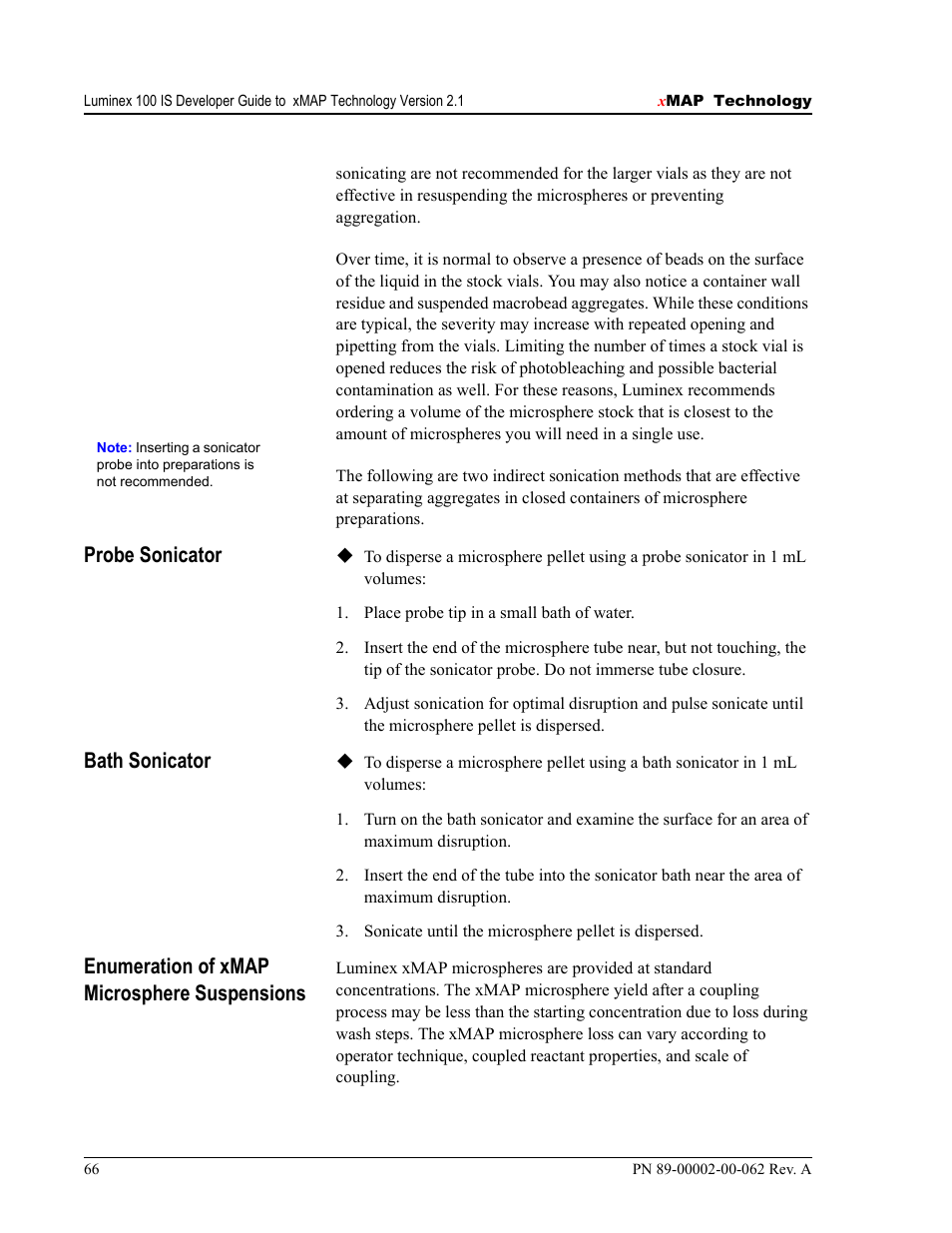 Probe sonicator, Bath sonicator, Enumeration of xmap microsphere suspensions | Luminex 100 IS Version 2.1 User Manual | Page 72 / 84