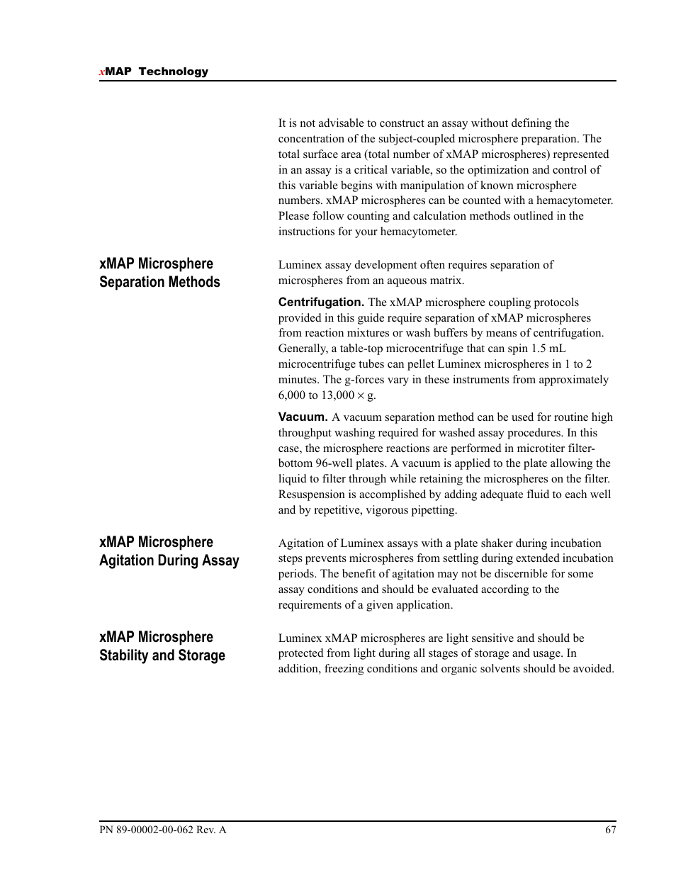 Xmap microsphere separation methods, Xmap microsphere agitation during assay, Xmap microsphere stability and storage | Luminex 100 IS Version 2.1 User Manual | Page 73 / 84