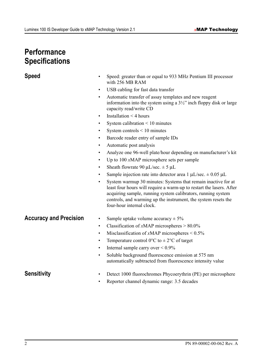 Performance specifications, Speed, Accuracy and precision | Sensitivity | Luminex 100 IS Version 2.1 User Manual | Page 8 / 84