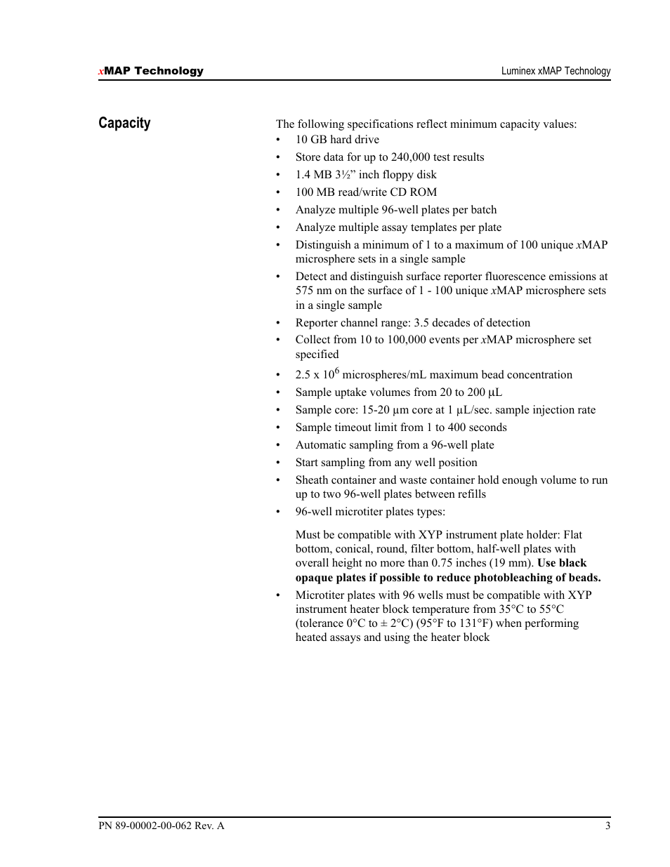 Capacity | Luminex 100 IS Version 2.1 User Manual | Page 9 / 84