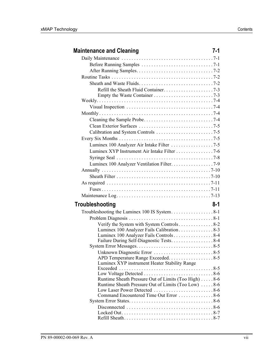 Maintenance and cleaning 7-1, Troubleshooting 8-1 | Luminex 100 IS Version 2.2 User Manual | Page 11 / 246