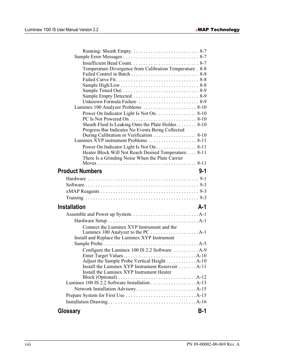 Product numbers 9-1, Installation a-1, Glossary b-1 | Luminex 100 IS Version 2.2 User Manual | Page 12 / 246