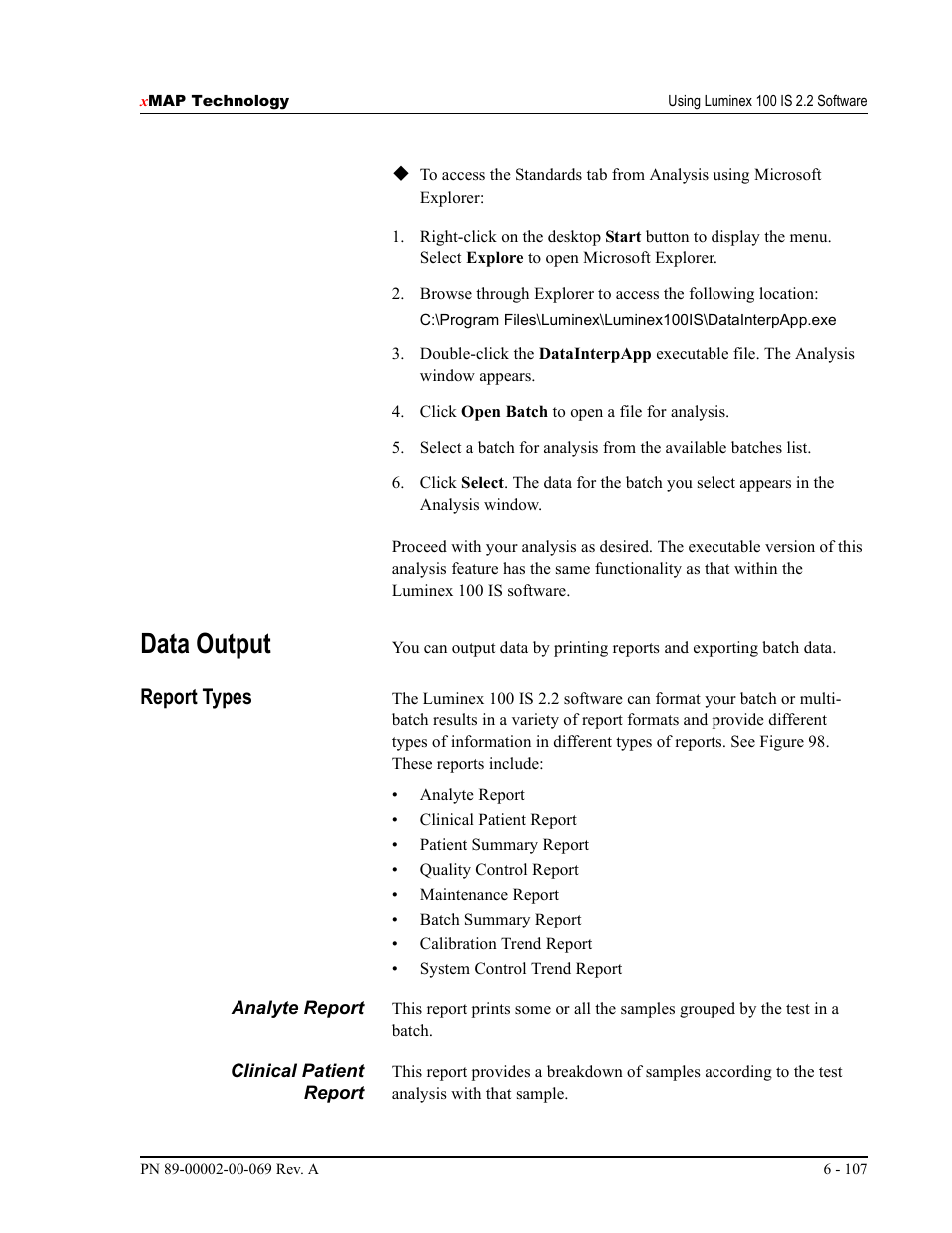 Data output, Report types | Luminex 100 IS Version 2.2 User Manual | Page 161 / 246