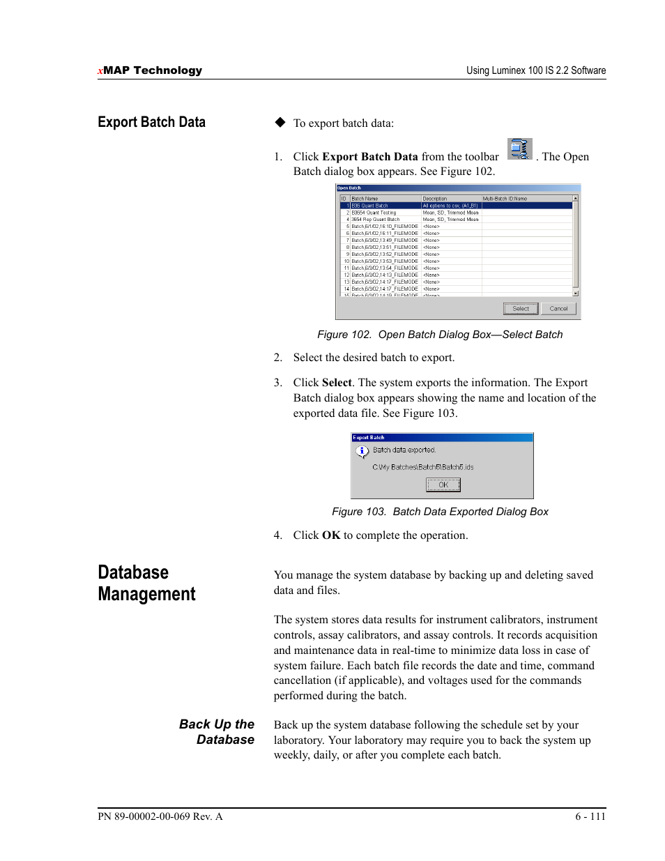 Database management | Luminex 100 IS Version 2.2 User Manual | Page 165 / 246