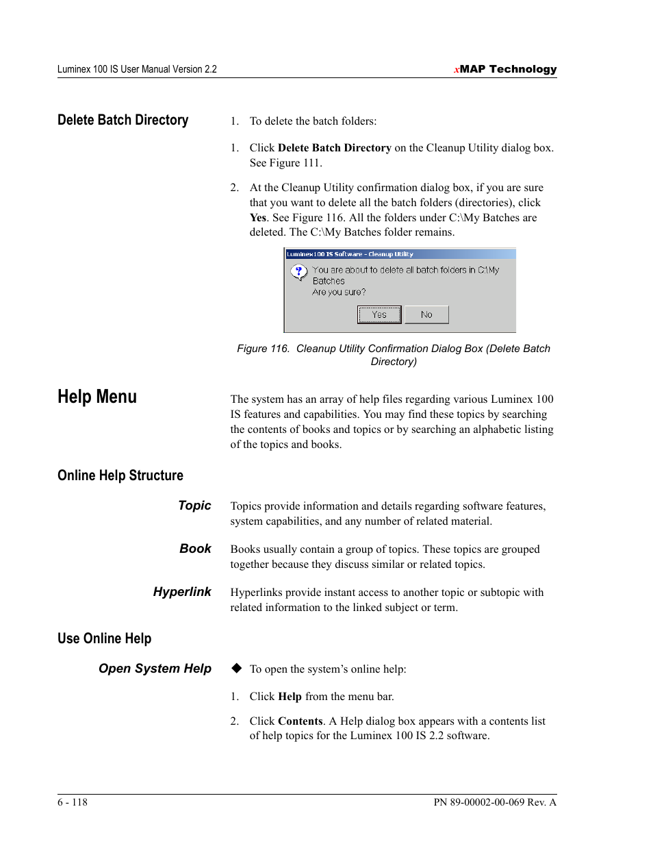 Help menu, Delete batch directory, Online help structure | Use online help | Luminex 100 IS Version 2.2 User Manual | Page 172 / 246