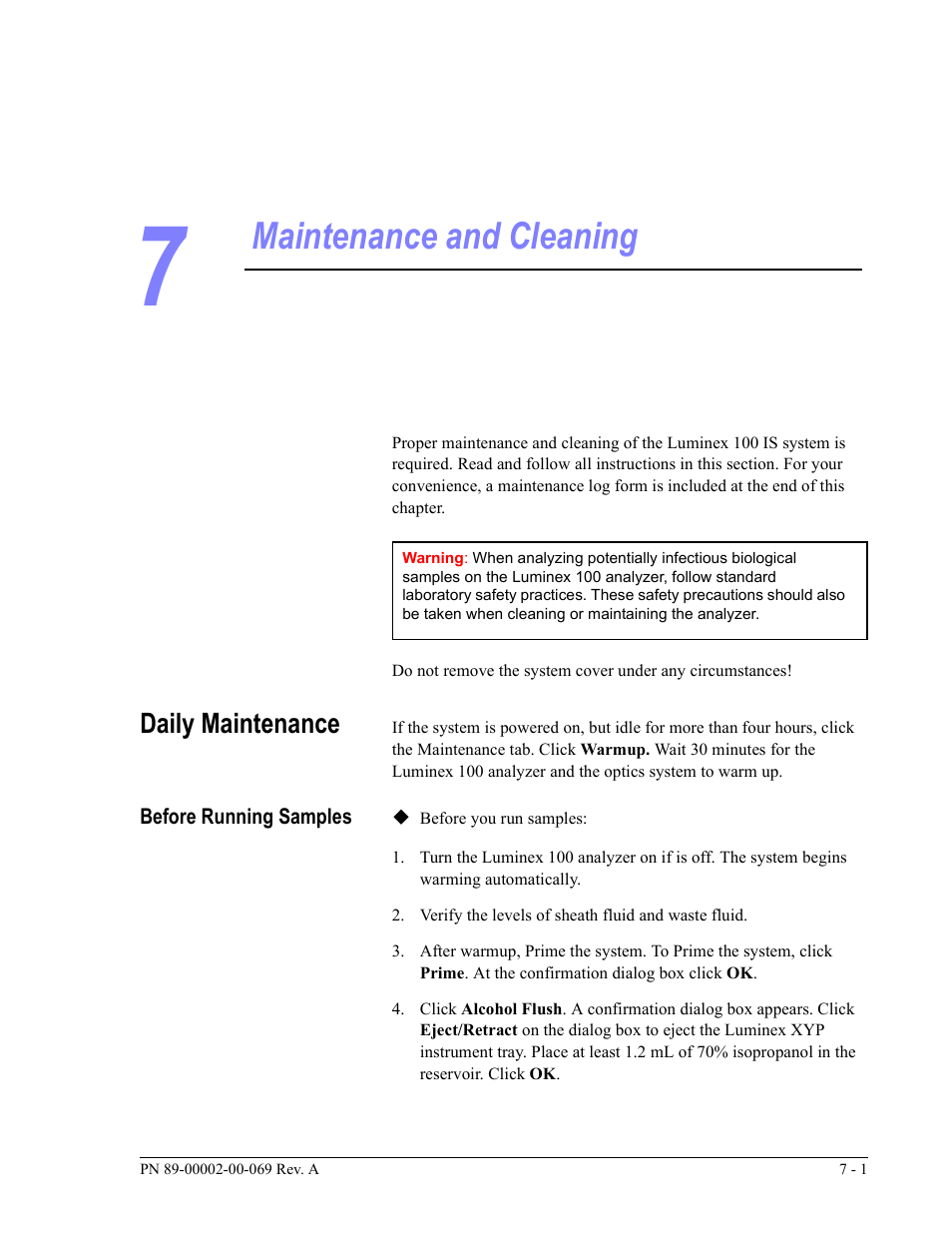 Maintenance and cleaning, Daily maintenance | Luminex 100 IS Version 2.2 User Manual | Page 177 / 246