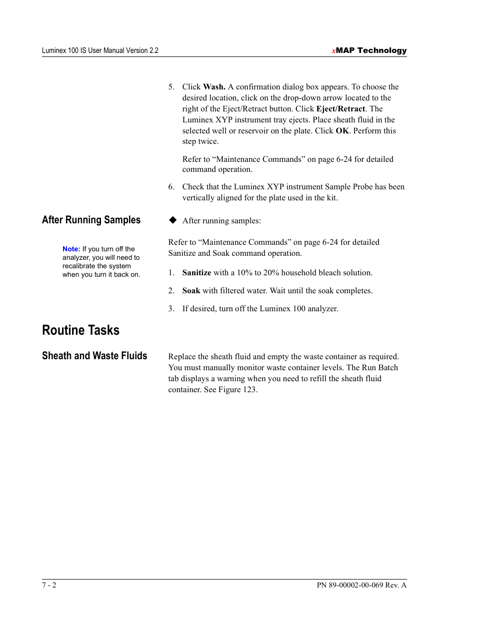 Routine tasks, After running samples, Sheath and waste fluids | Luminex 100 IS Version 2.2 User Manual | Page 178 / 246