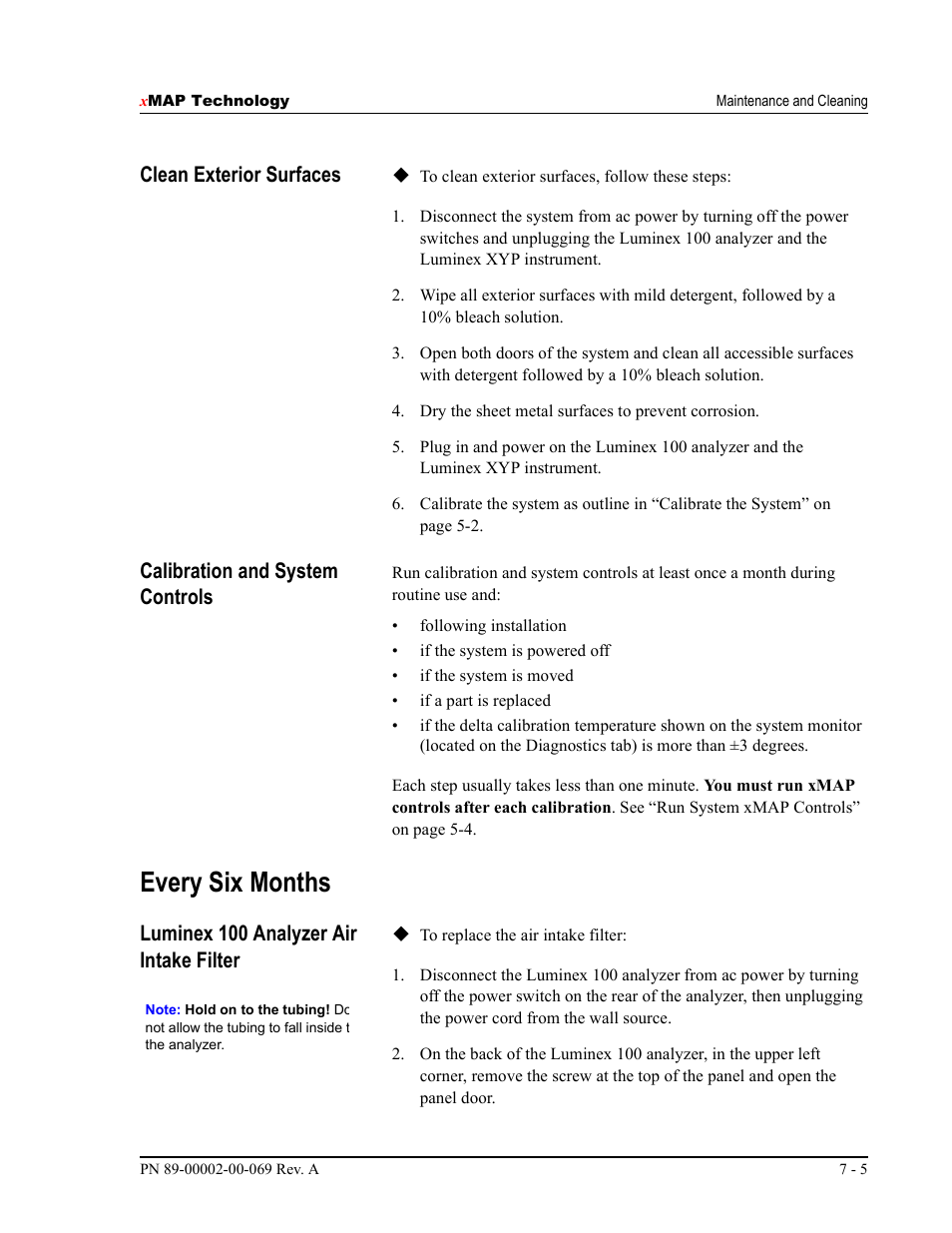 Every six months, Clean exterior surfaces, Calibration and system controls | Luminex 100 analyzer air intake filter | Luminex 100 IS Version 2.2 User Manual | Page 181 / 246