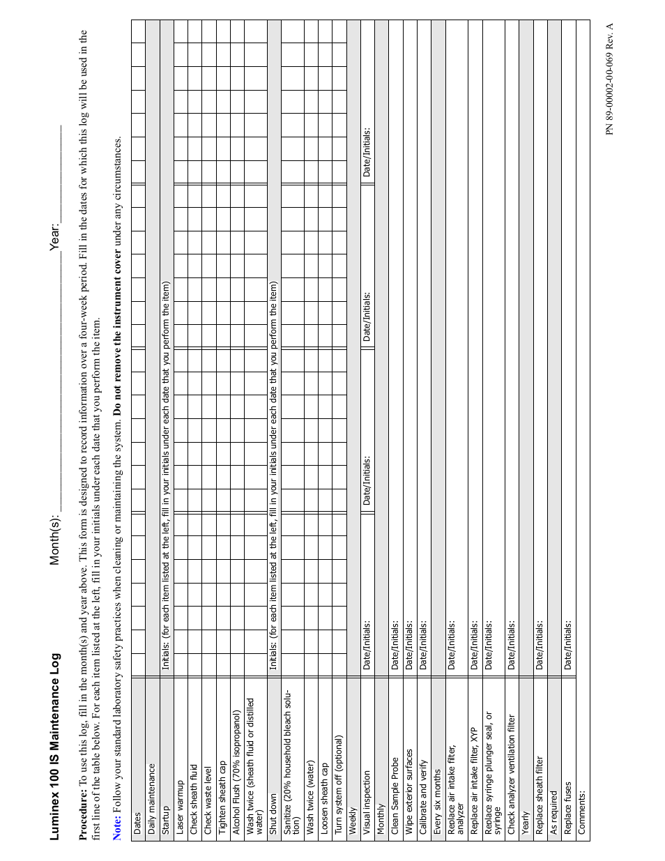 Mai nt en anc e l og, Lumi n ex 10 0 i s mai n tenanc e log, Month( s) | Ye a r | Luminex 100 IS Version 2.2 User Manual | Page 189 / 246