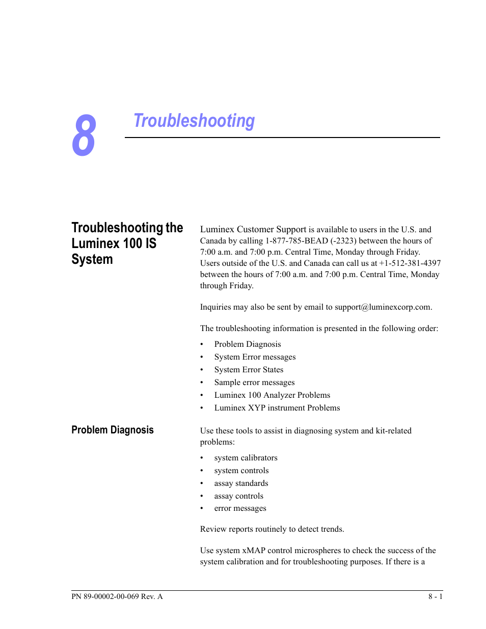 Troubleshooting, Troubleshooting the luminex 100 is system | Luminex 100 IS Version 2.2 User Manual | Page 191 / 246