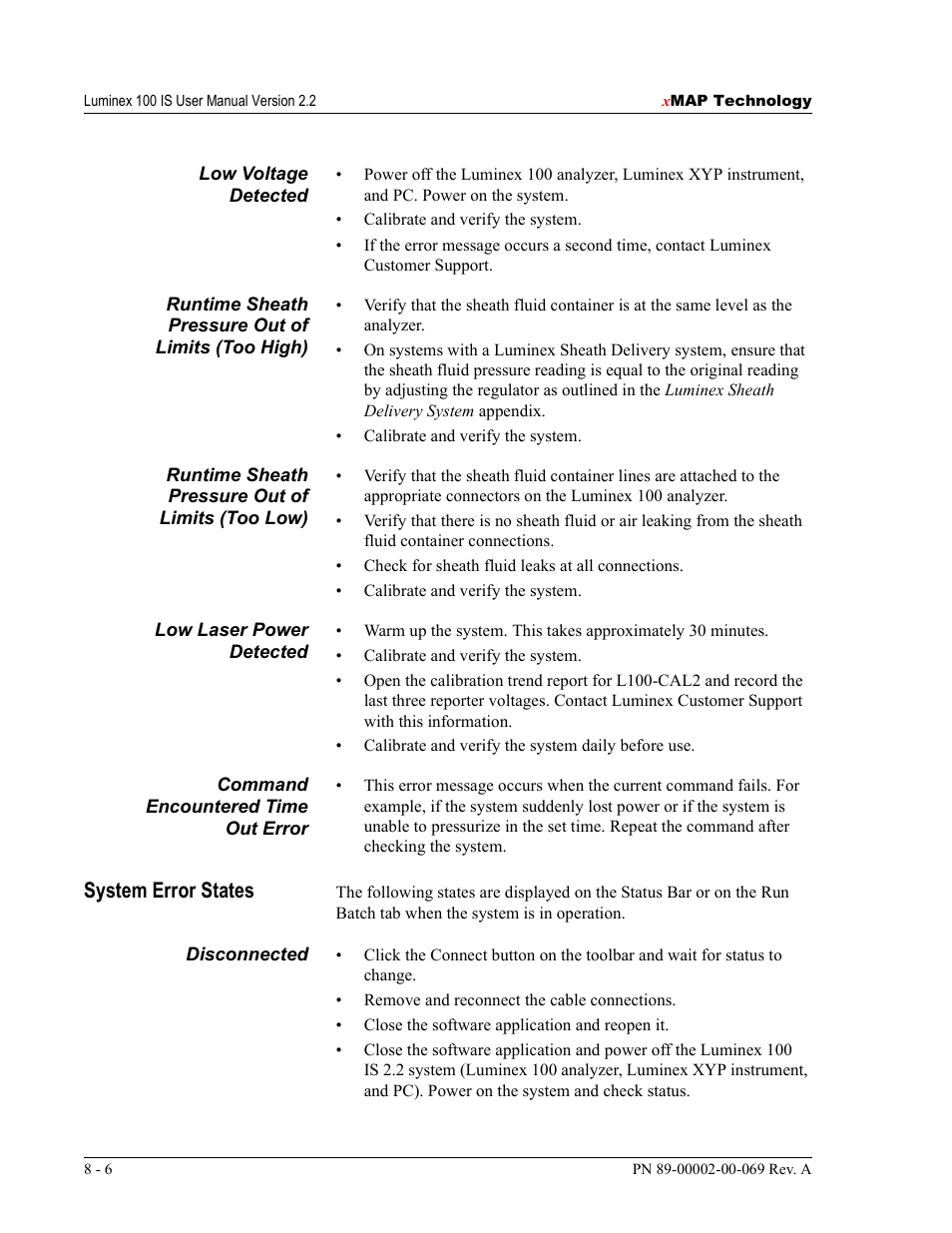 System error states | Luminex 100 IS Version 2.2 User Manual | Page 196 / 246