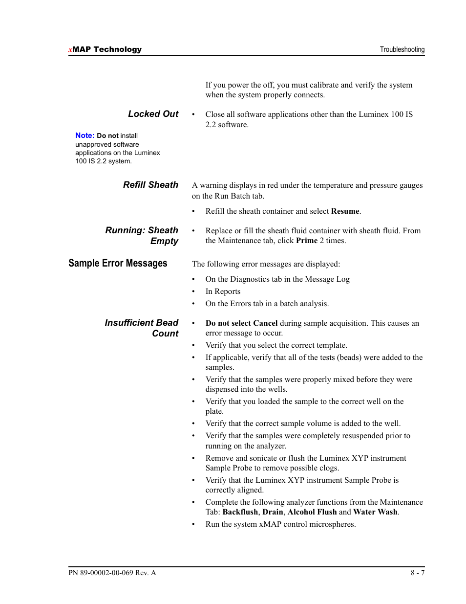 Sample error messages | Luminex 100 IS Version 2.2 User Manual | Page 197 / 246