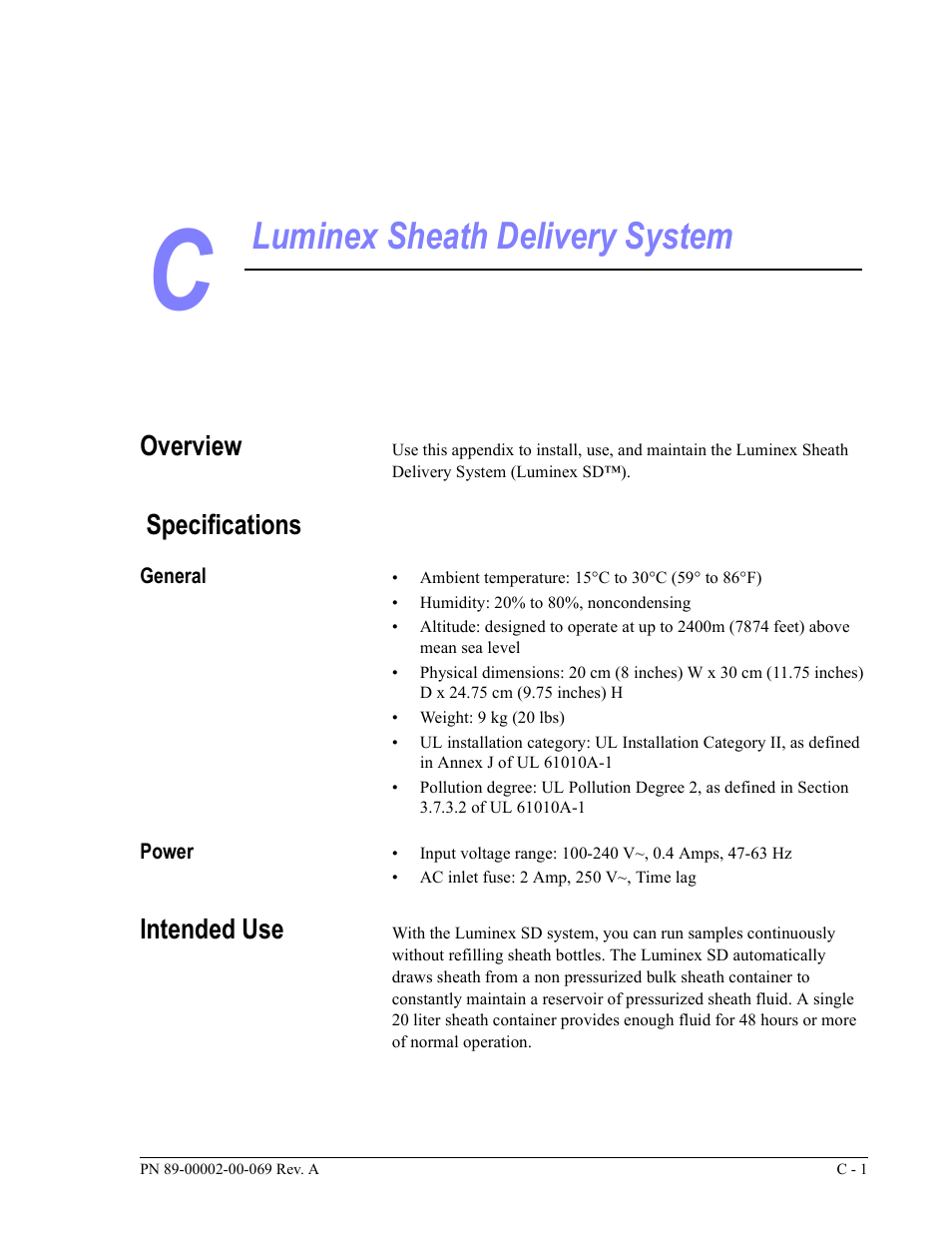 Luminex sheath delivery system, Overview, Specifications | Intended use | Luminex 100 IS Version 2.2 User Manual | Page 227 / 246