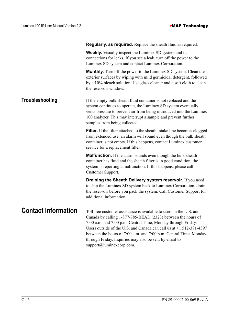 Contact information, Troubleshooting | Luminex 100 IS Version 2.2 User Manual | Page 232 / 246