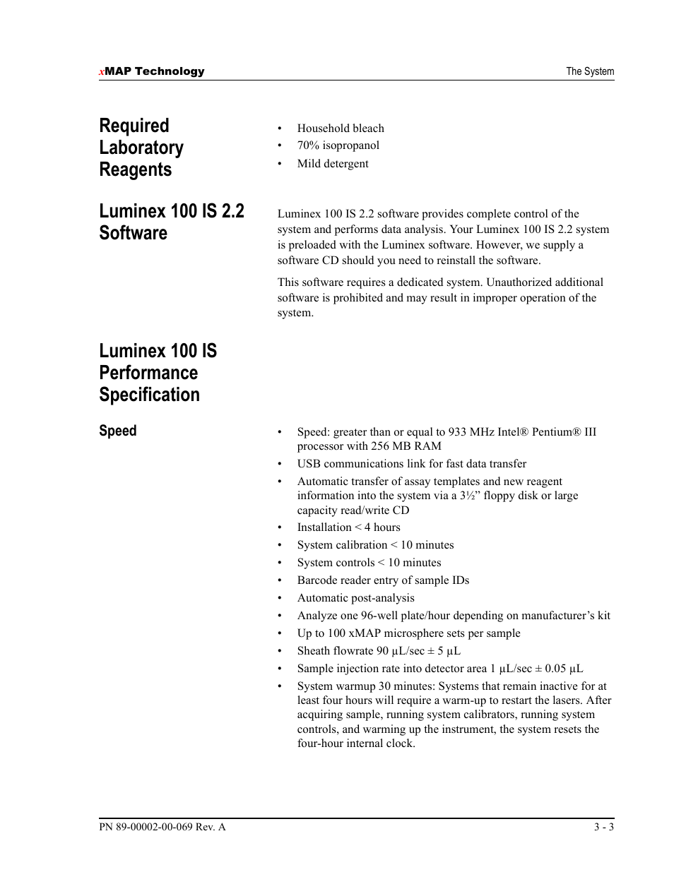 Required laboratory reagents, Luminex 100 is performance specification | Luminex 100 IS Version 2.2 User Manual | Page 29 / 246