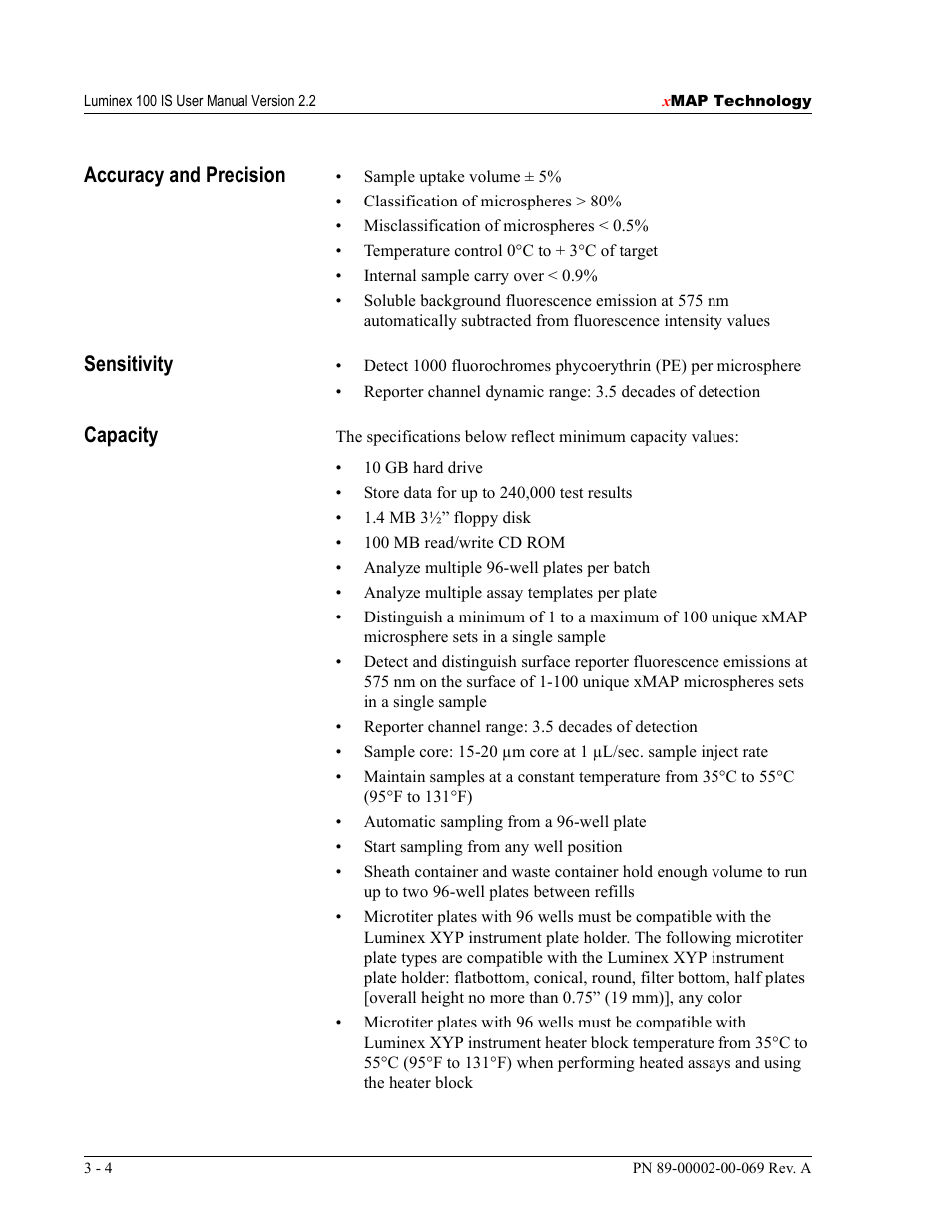 Accuracy and precision, Sensitivity, Capacity | Luminex 100 IS Version 2.2 User Manual | Page 30 / 246